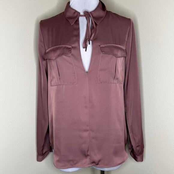 L’Academie Revolve Peasant Top SMALL Mauve Plunge Satin Long Sleeve Collared - Picture 1 of 11